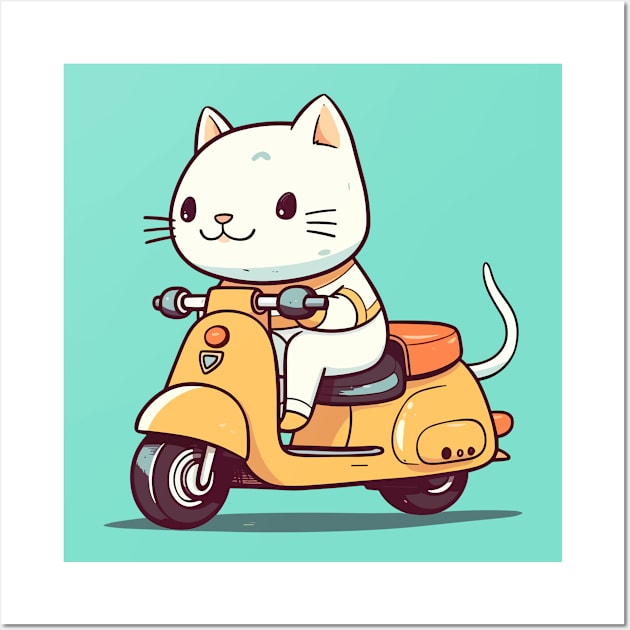 Funny cat riding scooter Wall Art by JORDYGRAPH